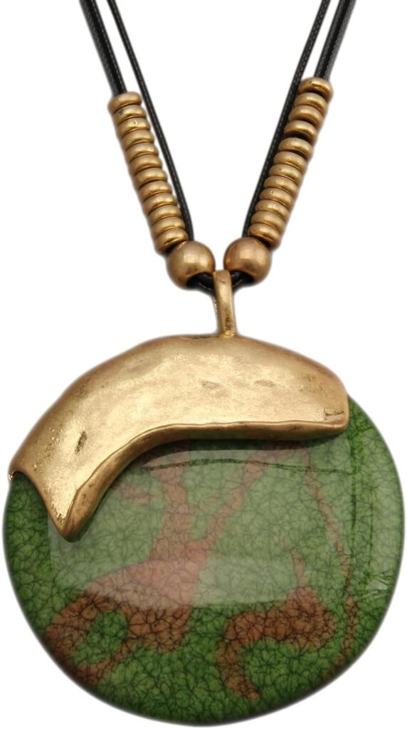 GelConnie Leather Necklace for Women Large Pendant Long Brown Necklace Circle Leather Choker Vintage Sweater Necklace Gold Chunky Boho Necklaces for Women