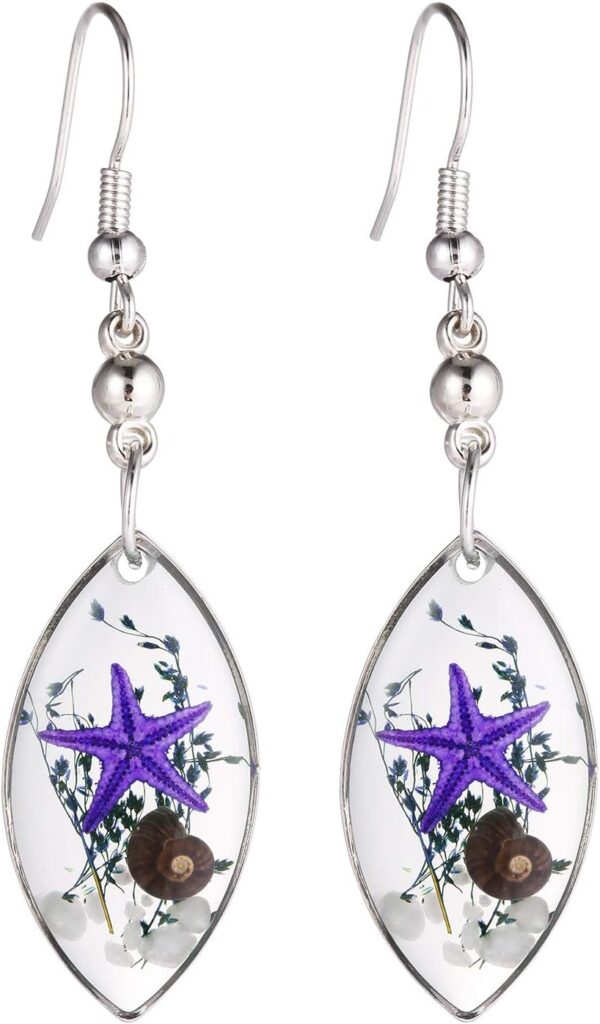 FM FM42 Silver-tone Starfish Seashell Pressed Flower Small Heart Marquise Drop Dangle Hook Earrings