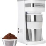 Mixpresso White Personal Single Serve Coffee Maker with 14oz Travel Mug, Drip Small Coffee Maker with Auto Shut Off, Reusable Filter, Works with Ground Coffee Only – Not for K-Cup Pods