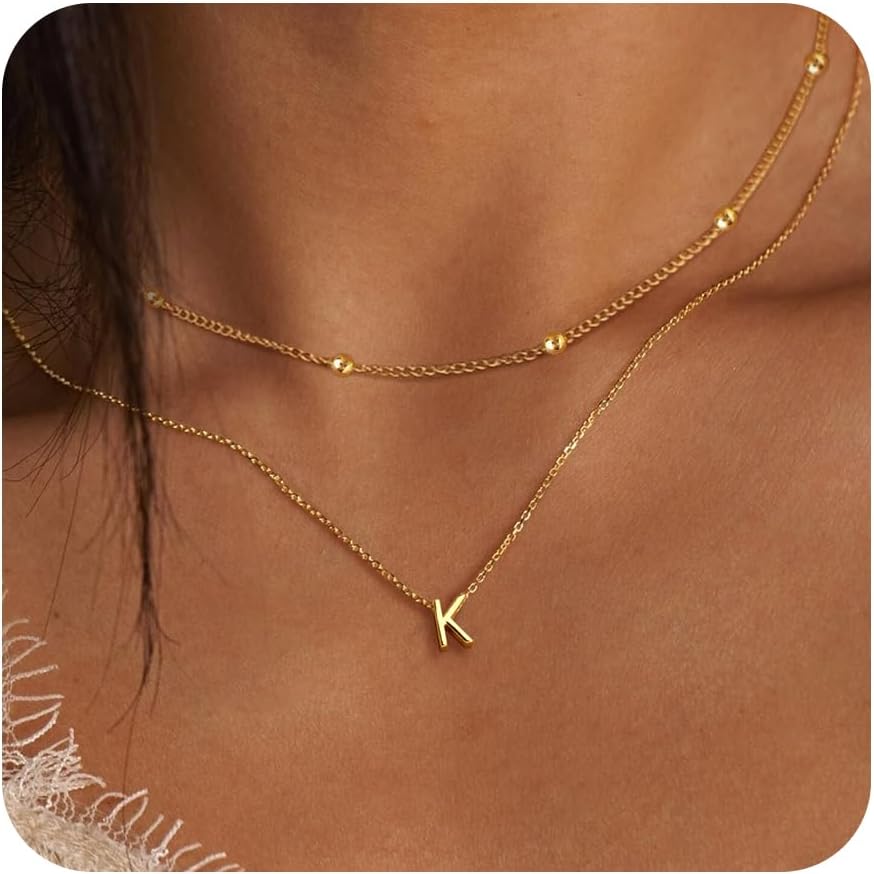 Initial Necklaces for Women 14K Gold Silver Plated Letter Jewelry Non Tarnish Layered Dainty Cute A-Z Pendant Choker Necklace Waterproof Trendy Name Necklace Personalized Jewelry Gift for Women