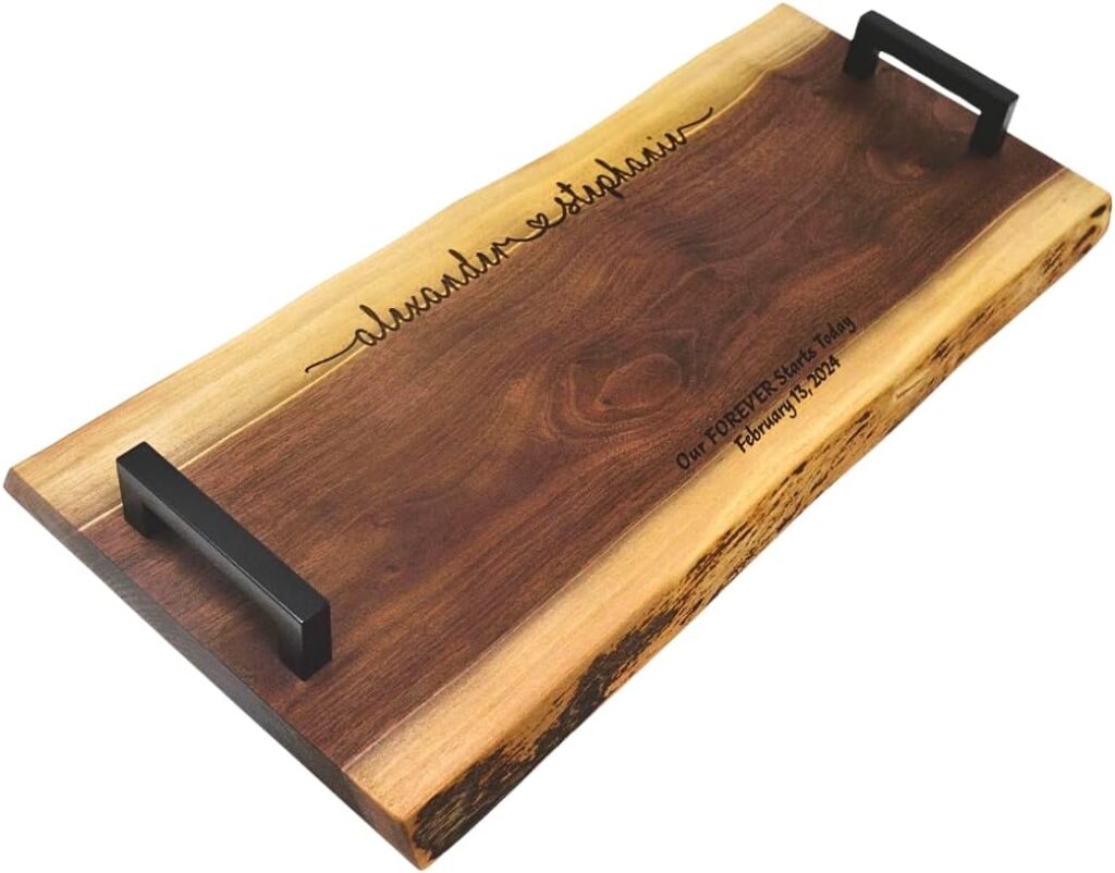 Personalized Charcuterie Board Wedding Gift Walnut Live Edge Engraved Custom Wooden Serving Cutting Tray Unique Rustic Monogram Display Couple Parents Anniversary Housewarming Christmas (Forever)