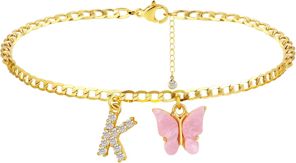 VIROMY 14K Gold Plated Dainty Butterfly Initial Ankle Bracelets Handmade Cuban Chain White Butterfly A-Z Alphabet Letter Initial Anklets Personalized Summer Beach Jewelry Gifts for Women