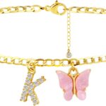 VIROMY 14K Gold Plated Dainty Butterfly Initial Ankle Bracelets Handmade Cuban Chain White Butterfly A-Z Alphabet Letter Initial Anklets Personalized Summer Beach Jewelry Gifts for Women
