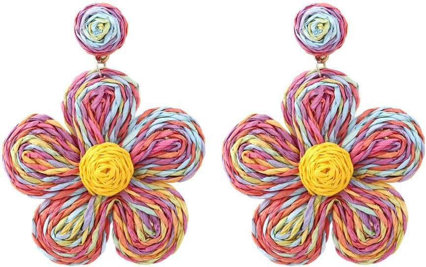 Rattan flower Earrings for Women Multicolor Daisy Raffia Straw Flower Dangle Earrings Weaving Handmade Boho Summer Beach Jewelry