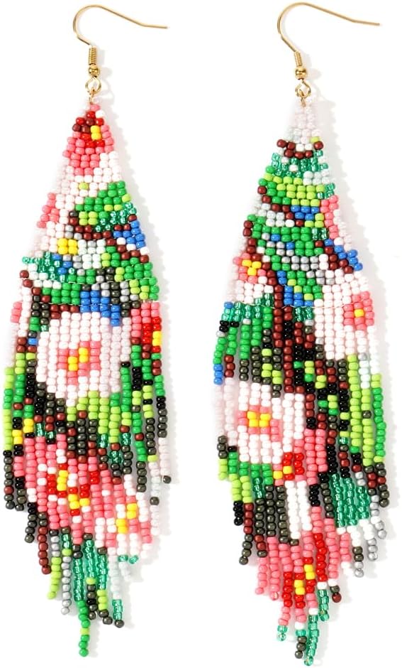 Flower Black Beaded Long Tassel Western Native American Earrings For Women Dangling