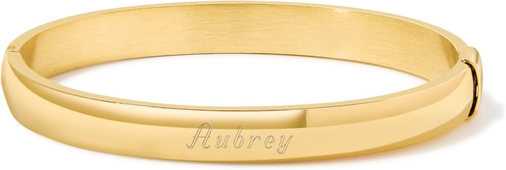 EVE’S ADDICTION Women’s Engravable Gold Tone Oval Bangle Bracelet, 7.5″ inches – Custom Engraved Gold Plated Bracelet for Her – Name Bracelet – Gifts for Mom