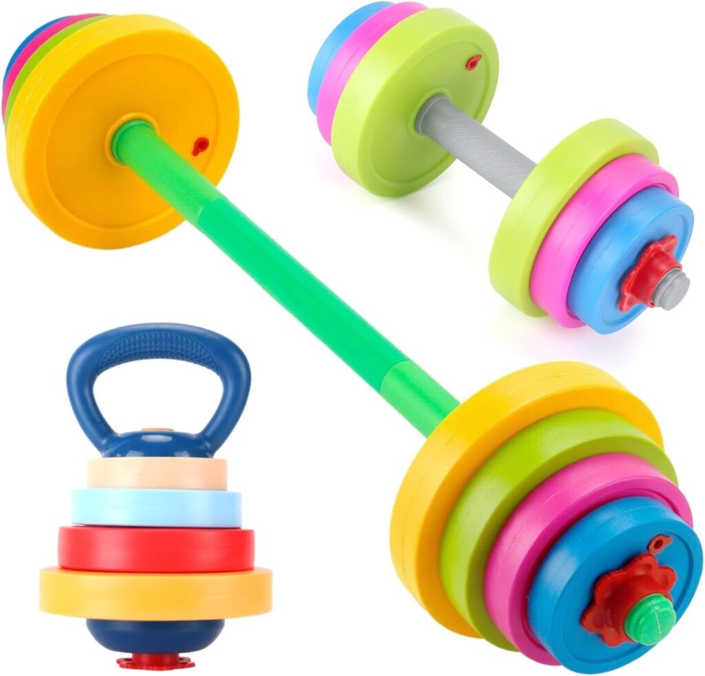 Kids Exercise Weight Set – 3-in-1 Adjustable Workout Toy Equipment for Children Pretend Play Exercise – Toddler Beginner Gym, Fitness, Weightlifting and Powerlifting (Dumbbell, Barbell, Kettlebell)
