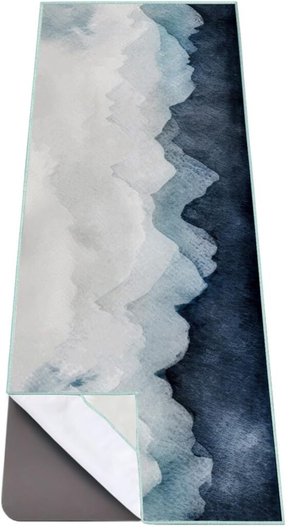 QiyI Yoga Mat Towel with Corner Pockets, Non Slip Sweat Absorbent Hot Yoga Towels, Soft Yoga Blankets with Travel Bag, Skidless Mat Cover for Workout, Gym, Fitness – 70″x26″, Watercolor Mountain
