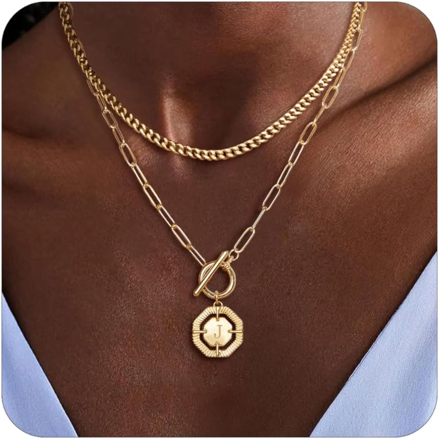 Layered Initial Necklaces for Women 14K Gold Plated Stackable Chunky Cuban Chain Choker Necklace Coin Letter Pendant Necklace Personalized Name Necklaces for Women Trendy Gold Jewelry Gift for Her