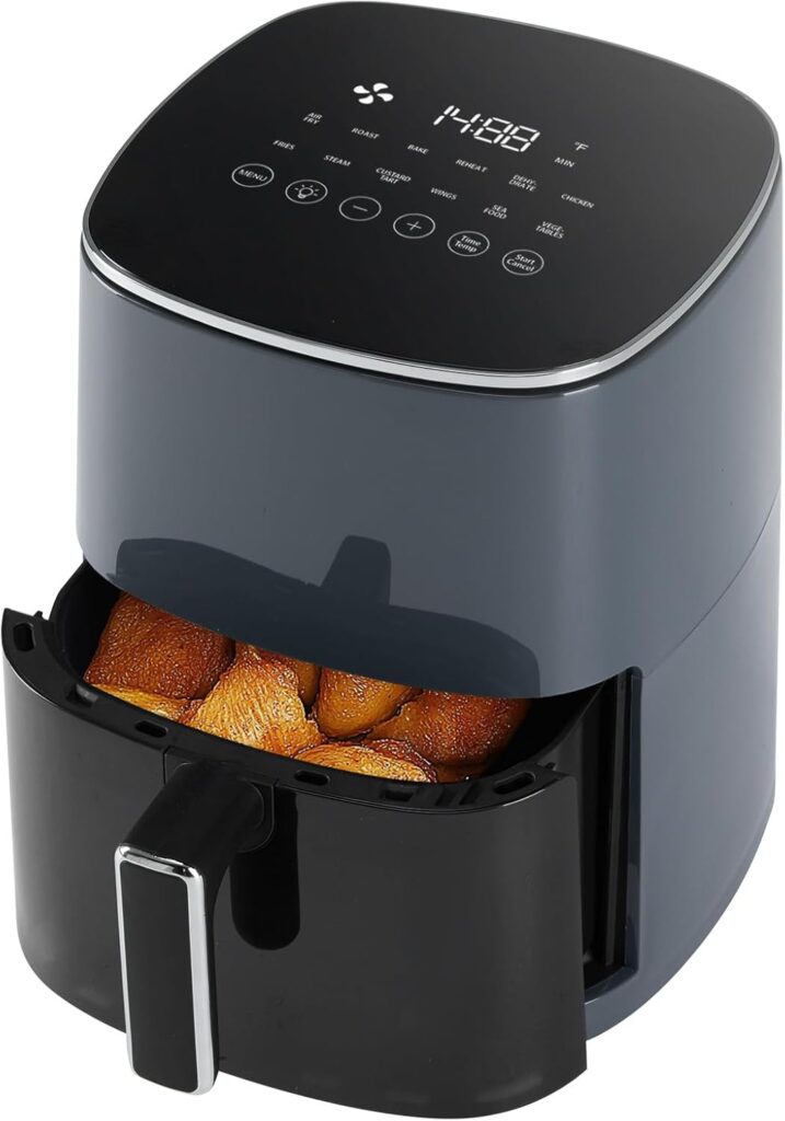 Sweetcrispy Air Fryer 6QT with Window, Square Airfryer Oven 12-in-1 for Family, 400°F Rapid Air Crispy Technology, Roast Bake Dehydrate, Nonstick & Easy-Clean Basket,Grey Black