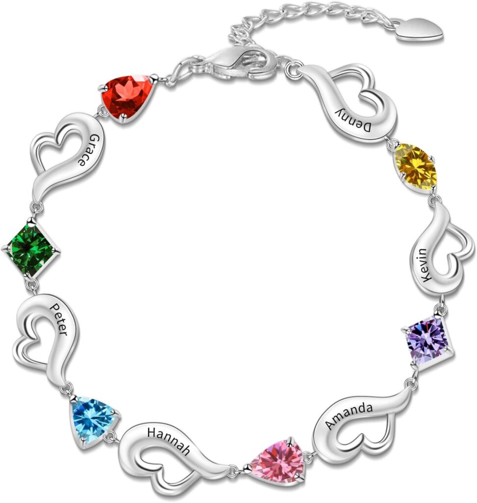 BAUMA AUTO Personalized Birthstone Bracelets for Women with 1-6 Birthstones Custom Heart Name Bracelet for Mother Gifts for Mother’s Day, Birthday, Anniversary, Christmas