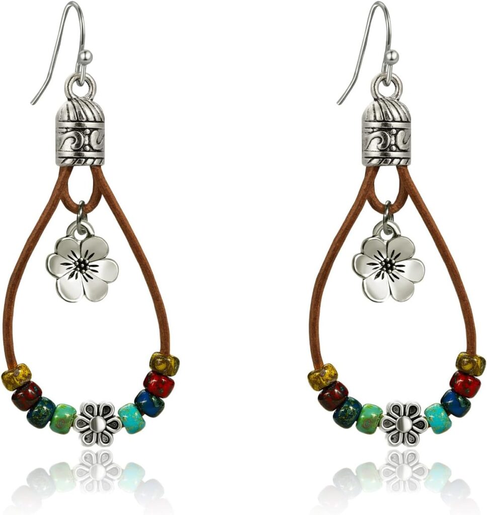 Boho Earrings for Women,Handmade Vintage Dangle Drop Earring,Western Country with Nature Stone and Flower