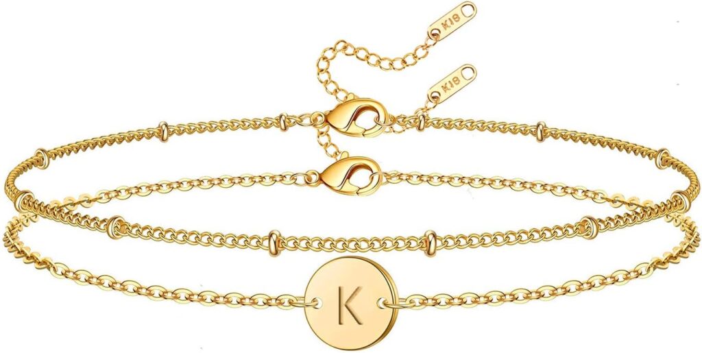 Initial Bracelet for Women 18K Gold Plated Stainless Steel Layered Coin Letter Bracelet Beaded Chain Personalized Name Bracelet