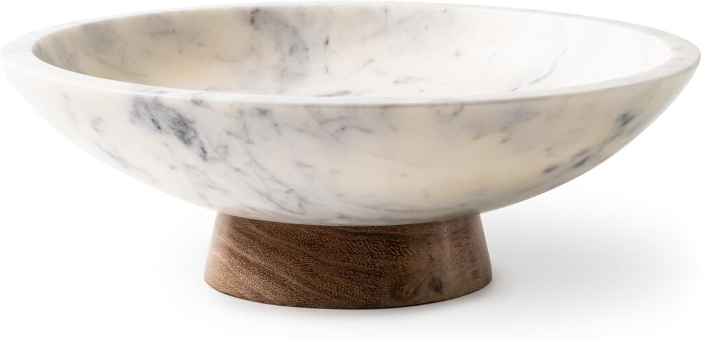 Cork & Mill Marble Decorative Bowl for Home Decor – Handcrafted Natural Stone with Acacia Wood Pedestal – Versatile 11″ Catch All for Entryway, Kitchen Fruit Bowl, Potpourri, Dining Table Centerpiece