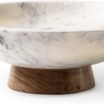 Cork & Mill Marble Decorative Bowl for Home Decor – Handcrafted Natural Stone with Acacia Wood Pedestal – Versatile 11″ Catch All for Entryway, Kitchen Fruit Bowl, Potpourri, Dining Table Centerpiece