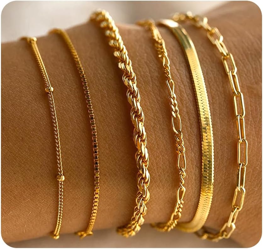 Dainty Gold Silver Chain Bracelets Sets for Women,Adjustable Metal Link Crystal Pearl Bracelet Set Handmade Fashion Jewelry Gifts