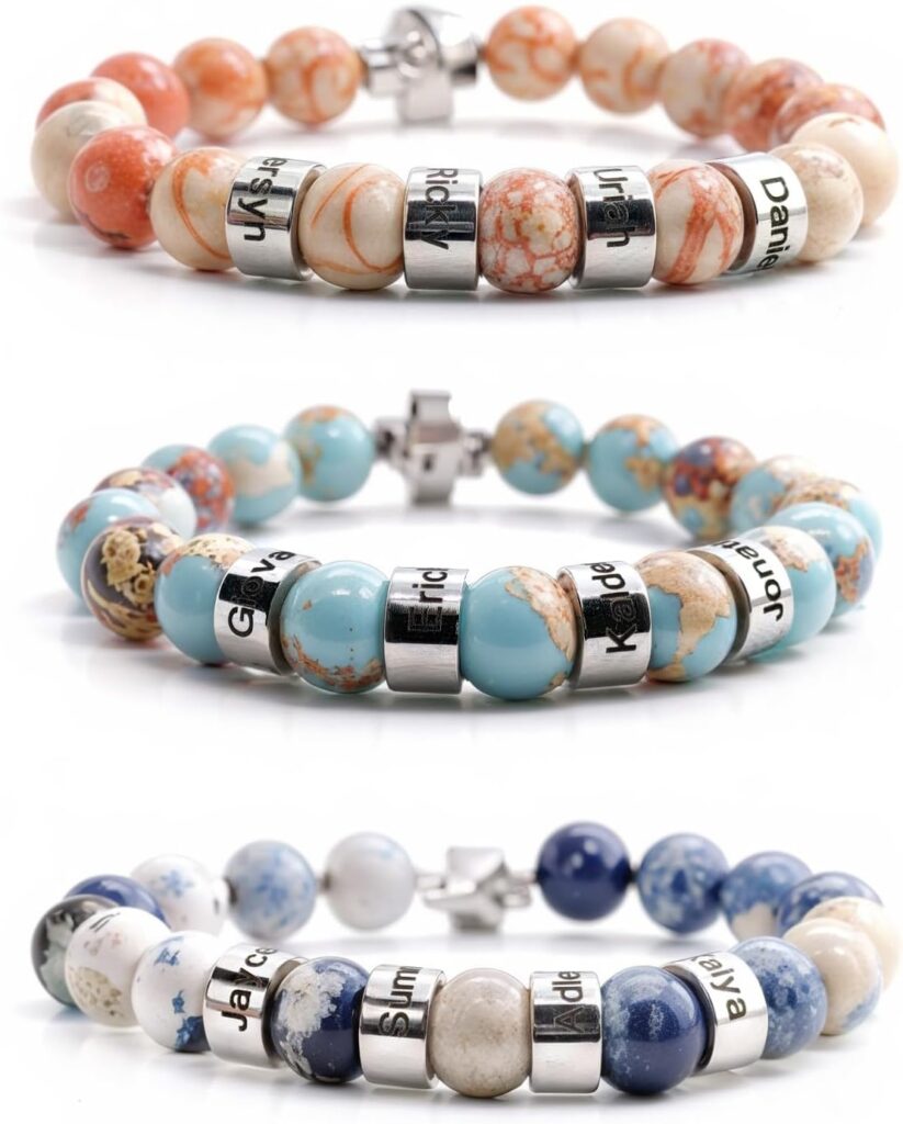 Custom Name Bracelet, Personalized Beaded Bracelets with 1-4 Engraved Names, Chakra Bracelet Natural Stone Bracelet for Women Men, Meaningful Birthday Gifts for Couples Friends Parents
