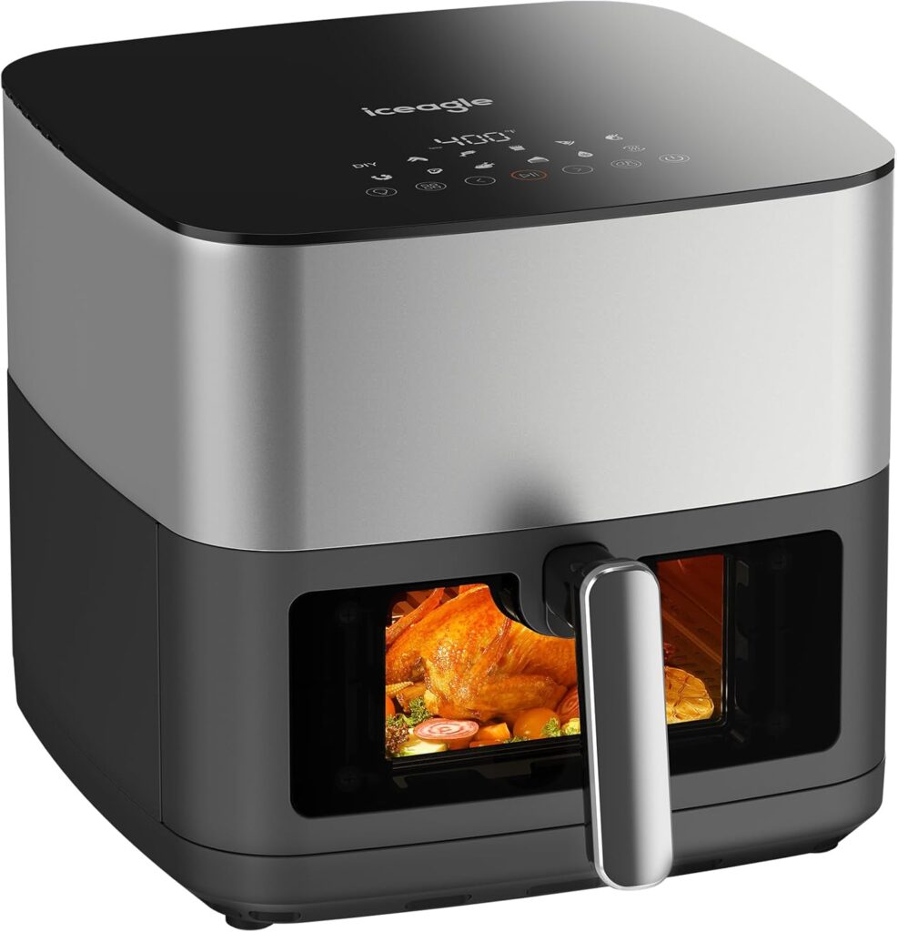 Iceagle Stainless Steel Air Fryer 9 Quart – Airfryer XXL with Large Viewing Window, Dual Heating Elements, 12-in-1 Function to Roast, Bake, Broil, Defrost, Reheat, Dishwasher-Safe Parts, 1700W, Siver