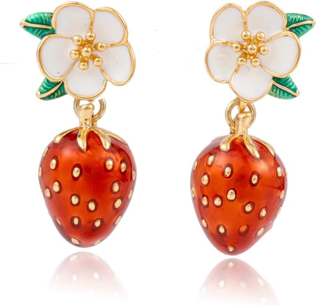 Strawberry Earrings for Women – Handmade Enamel Fruit Dangle Jewelry, 18K Gold Plated with 925 Silver Posts, Anniversary & Valentine’s Day Gift