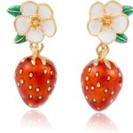 Strawberry Earrings for Women – Handmade Enamel Fruit Dangle Jewelry, 18K Gold Plated with 925 Silver Posts, Anniversary & Valentine’s Day Gift