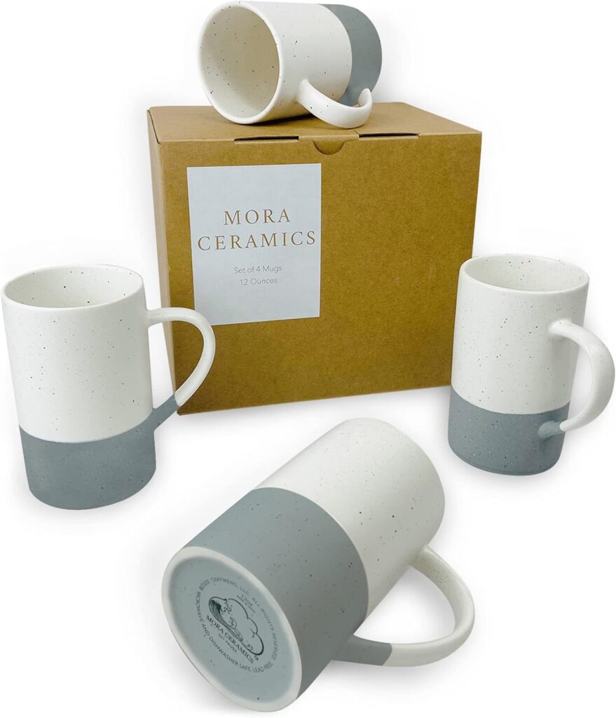 Mora Ceramics 12oz Coffee Mug Set of 4 – Ceramic Tea Cups with Handle – Microwave and Dishwasher Safe, Perfect For Cup or Mug Lovers – Rustic Matte Glaze, Modern Design Mugs – Flint