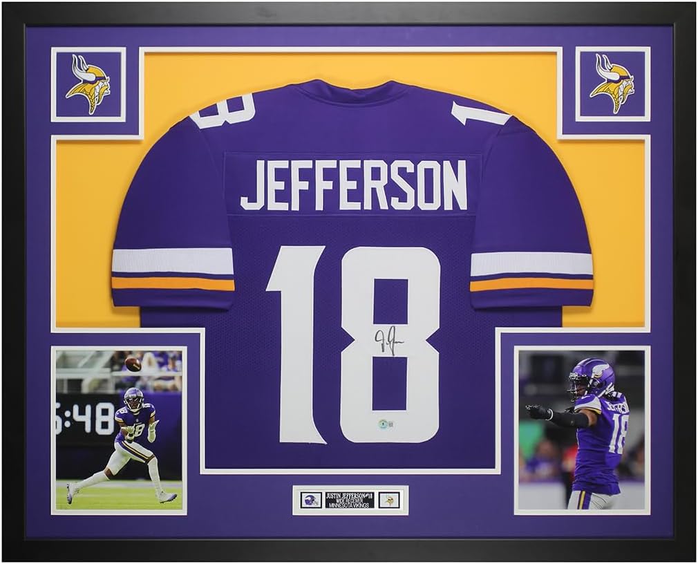 Justin Jefferson Autographed Purple Minnesota Jersey – Beautifully Matted and Framed – Hand Signed and Certified Authentic by Beckett