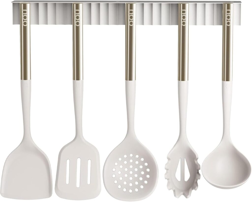 OOU Silicone Kitchen Cooking Utensils Set, 446°F Heat Resistant Kitchen Tool Set with Magnetic Wall Mounted Holder, 6 pcs Spatula Set with Stainless Steel Handle, Dishwasher Safe