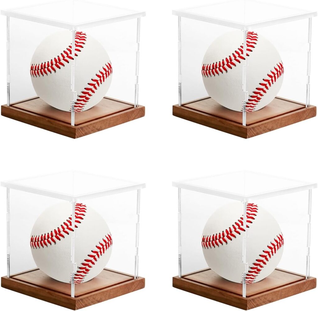 Wooden Baseball Display Cases Clear Acrylic Baseball Stand Holder UV-Protective Dust-Proof Easy Assembly, Wonderful for Autographed or Collectible Baseballs 4-Pack