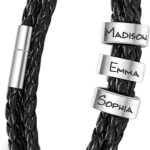ShineSand Personalized Mens Leather Bracelet with Custom Beads, Customized Braid Leather Bracelet Engraved with Names for Men