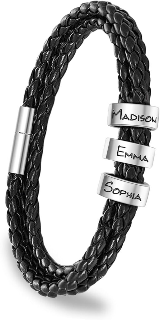 ShineSand Personalized Mens Leather Bracelet with Custom Beads, Customized Braid Leather Bracelet Engraved with Names for Men