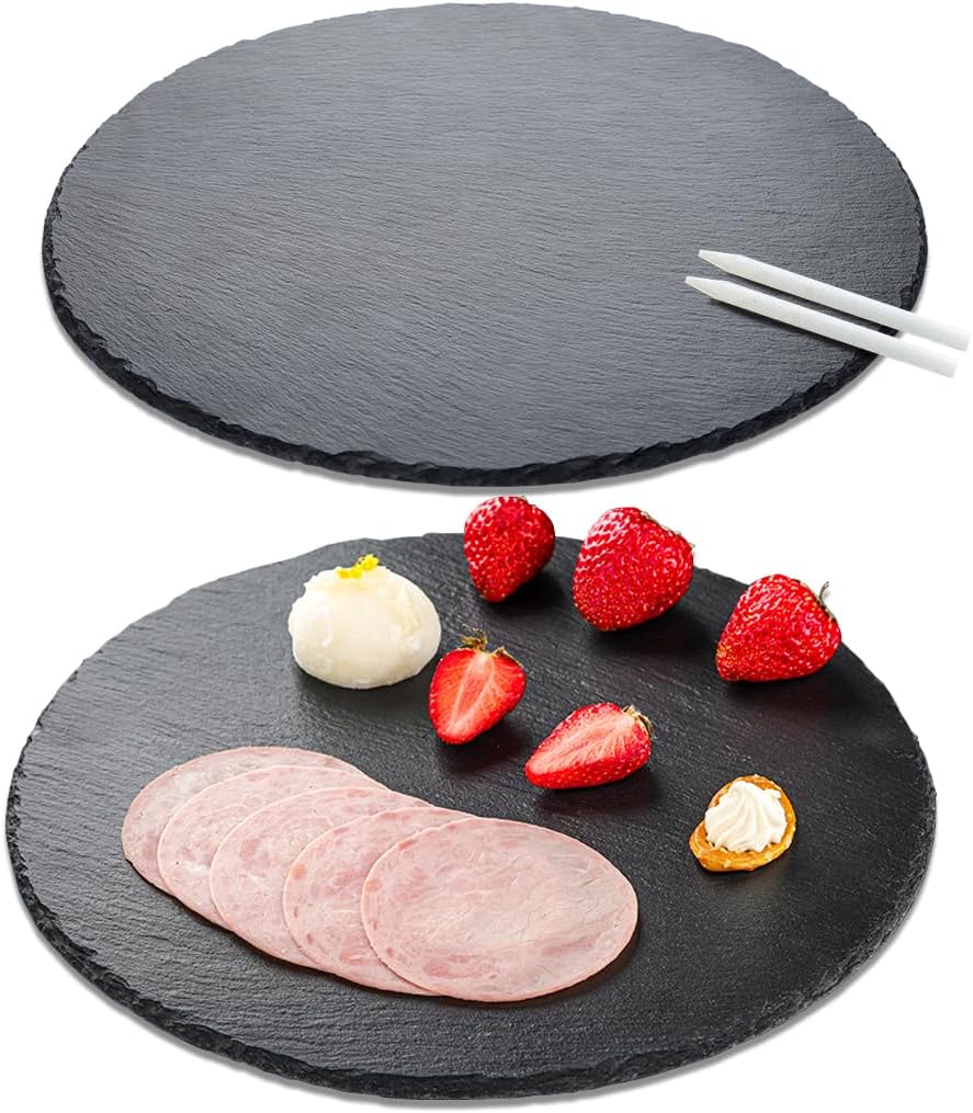 Natural Slate Cheese Charcuterie Board Set of 2, Premium Serving Platter for Charcuterie, Cheese, Appetizers | Placements Black Slate for Laser Engraving Rustic Kitchenware Entertaining 11.8in