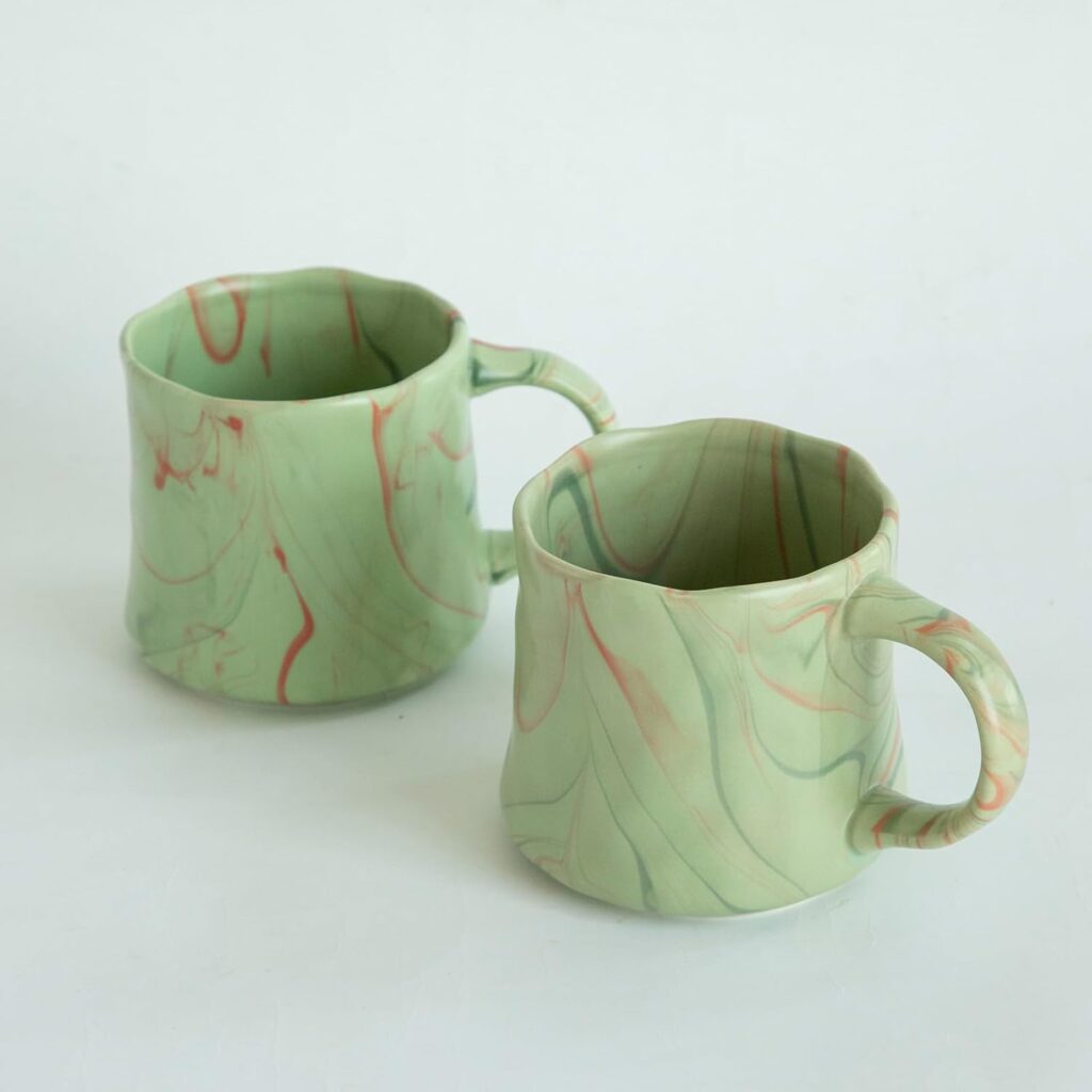 Abstract Art Ceramic Coffee Mugs Set – 2 Pack, Mint Green with Red and White Accents, Handcrafted Design for Modern Kitchen or Office