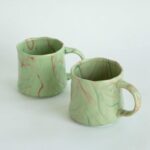 Abstract Art Ceramic Coffee Mugs Set – 2 Pack, Mint Green with Red and White Accents, Handcrafted Design for Modern Kitchen or Office