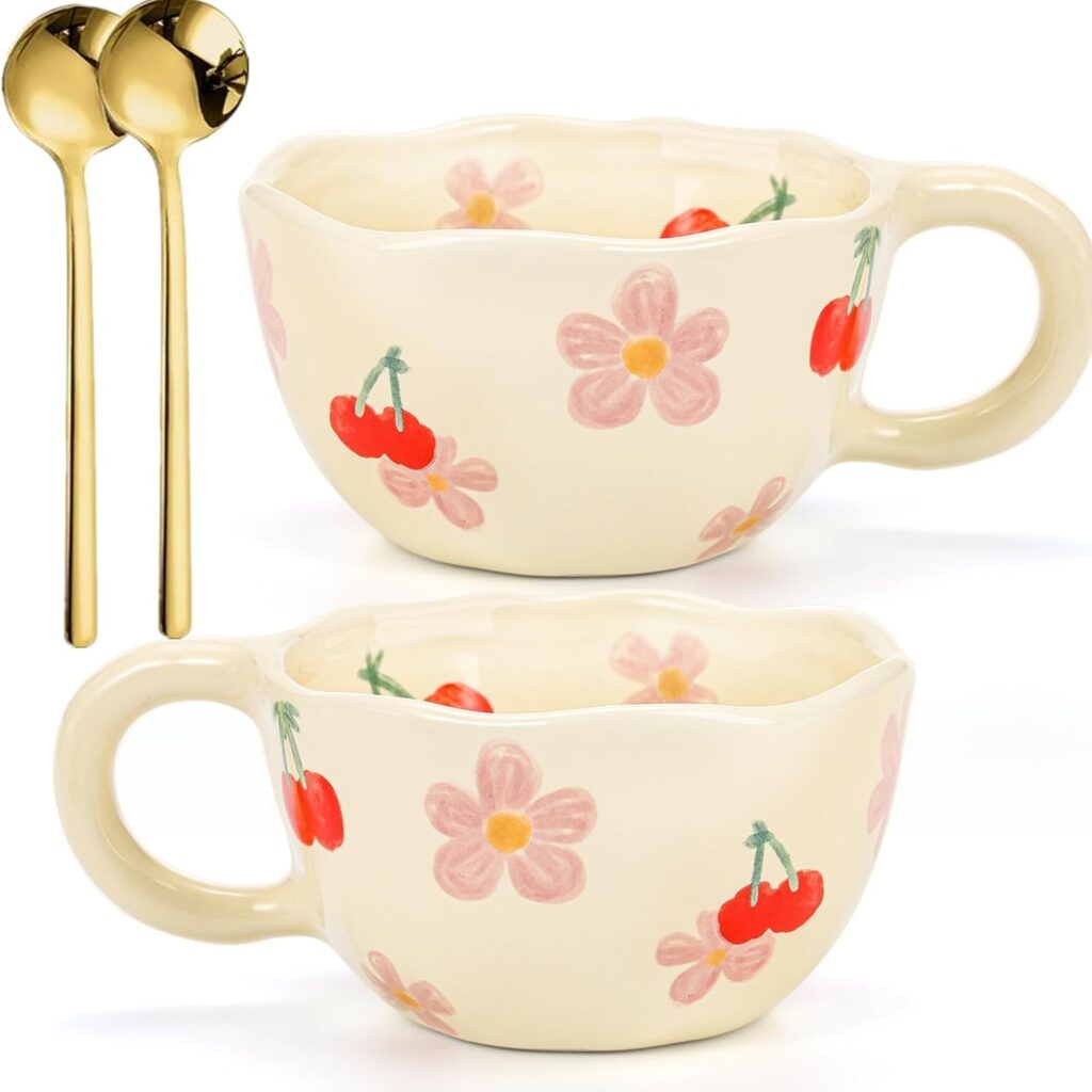 Yopay 2 Pack Ceramic Coffee Mug with Spoon, 8oz Handmade Hot Chocolate Mugs, Cute Cup for Girl Microwave Safe, Aesthetic Tea Milk Cup with Handle for Latte, Cocoa, Gift, Mom(Cherry flower)