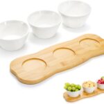 3 Pack Chips and Dip Serving Bowl with Bamboo Tray, 12 Oz Ceramic Condiment Tray, White Sauce Dipping Bowls, Snack Serving Dishes for Appetizer, Fruit, Nuts, Dessert