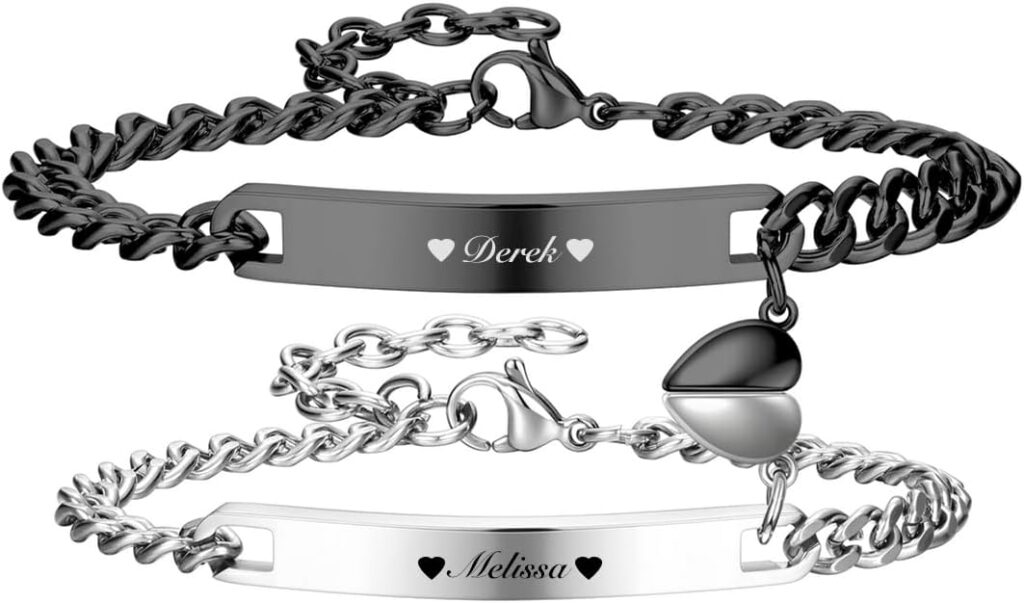 Zysta 2pcs Personalized Name Bar ID Couple Bracelet Stainless Steel Customized Couple Bracelets Mutual Attraction Custom Relationship Bracelet Personalized Jewelry for Men Women Lover