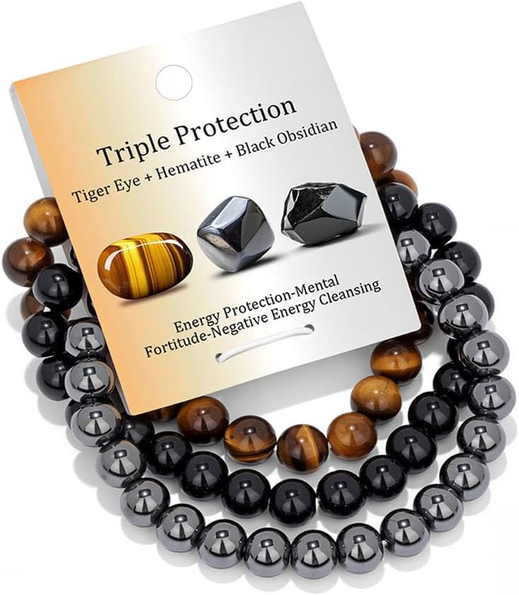 Healing Crystal Bracelets for Women Men 8mm Tiger Eye Hematite Black Obsidian Natural Stone Beaded Stretch Bracelet Triple Protection Handmade Gemstone Reiki Spiritual Jewelry Gifts