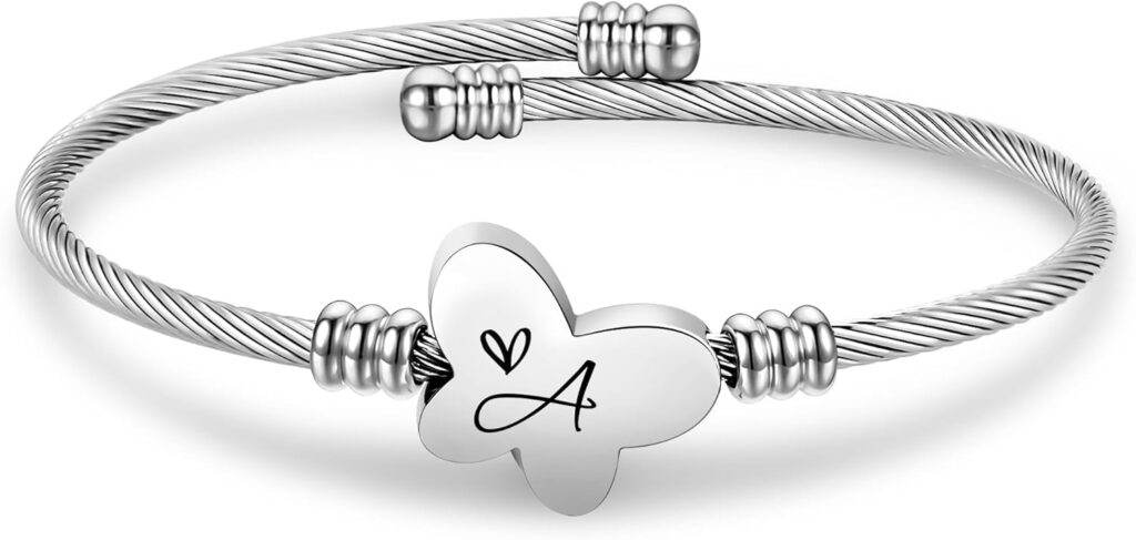 Maxforever Silver Butterfly Initial A-Z Expandable Cuff Bangle Bracelet for Women Personalized Alphabet Name Birthday Jewelry for Her