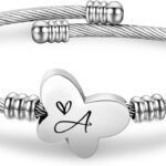 Maxforever Silver Butterfly Initial A-Z Expandable Cuff Bangle Bracelet for Women Personalized Alphabet Name Birthday Jewelry for Her