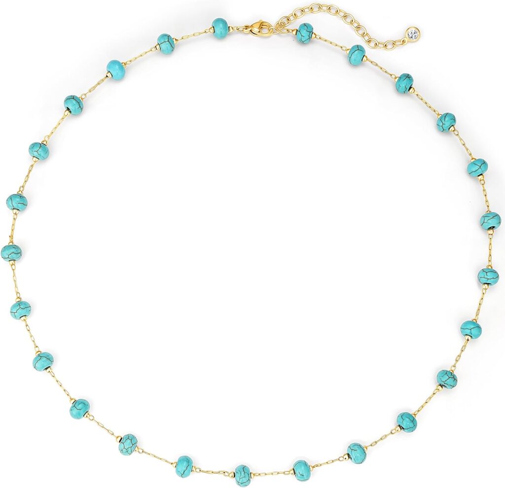 Created Turquoise Necklace for Women 14K Gold Plated Beaded Heart Choker Boho Necklaces Handmade Beach Summer Everyday Western Jewelry Gifts