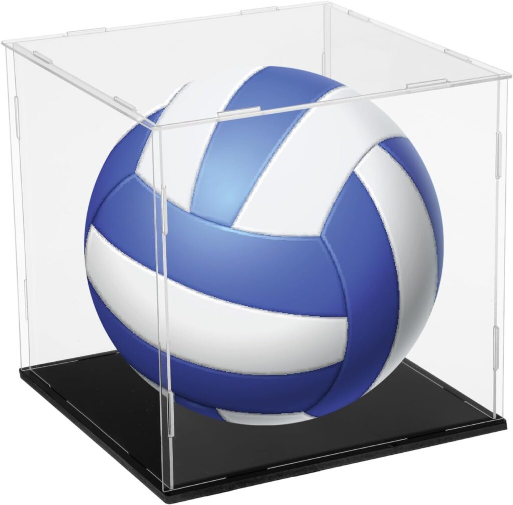 uxcell Basketball Display Case 8 Inch Clear Acrylic Display Case with Basketball Stand Holder Cube Countertop Storage Box for Autographed Soccer Memorabilia Collectibles