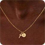 Turandoss Cross Initial Necklace for Girls, 14K-Gold-Plated Disc Initial C Cross Pendant Necklace Trendy, Birthday Jewelry Gifts for 5 6 7 8 9 Years Old Girls