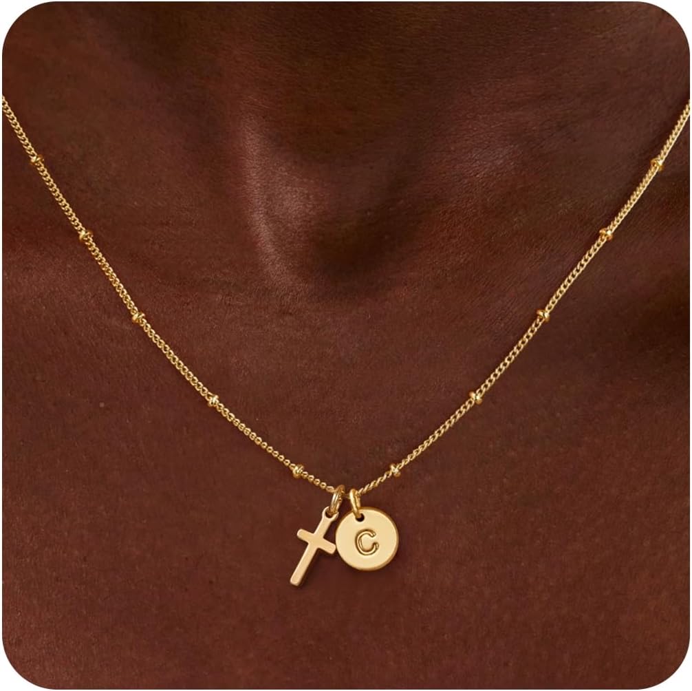 Turandoss Cross Initial Necklace for Girls, 14K-Gold-Plated Disc Initial C Cross Pendant Necklace Trendy, Birthday Jewelry Gifts for 5 6 7 8 9 Years Old Girls