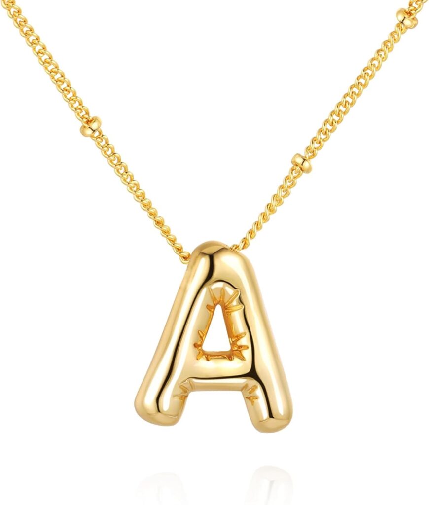 Chunky Bubble Initial Letter Necklace for Women Balloon Statement Dainty Alphabet Pendant 14K Gold Plated Puffy Name Personalized Jewelry
