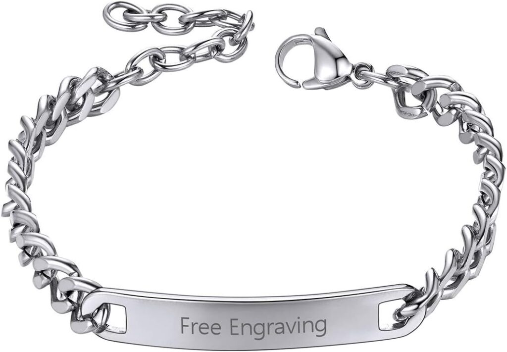 ChainsHouse Personalized ID Bracelet for Men Women Stainless Steel Cuban Curb Link Chain Custom Engrave Bar Bracelet Bangle, 7mm Width, 19-21CM, Send Gift Box
