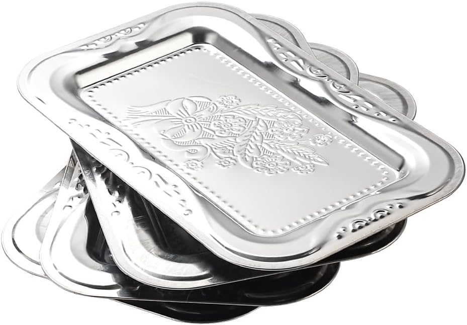 4-Pack Silver Serving Trays Set – ZENOVLUX Bow Floral Engraved Mirror Decorative Tray, 13.8″ x 8.7″ Party Platters for Whiskey, Cookies, Charcuterie, Snacks, Desserts, Fruit, Party Food Display