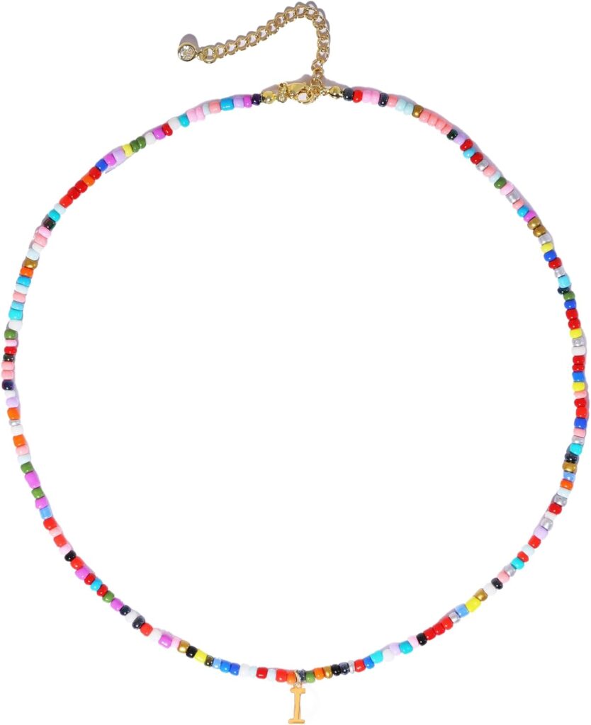 Colorful Initial Necklaces for Women, 14k Gold Plated Summer Initial Necklace Cute Beach Letter Necklace Personalized Gold Necklaces for Women Trendy Preppy Gold Jewelry for Womens