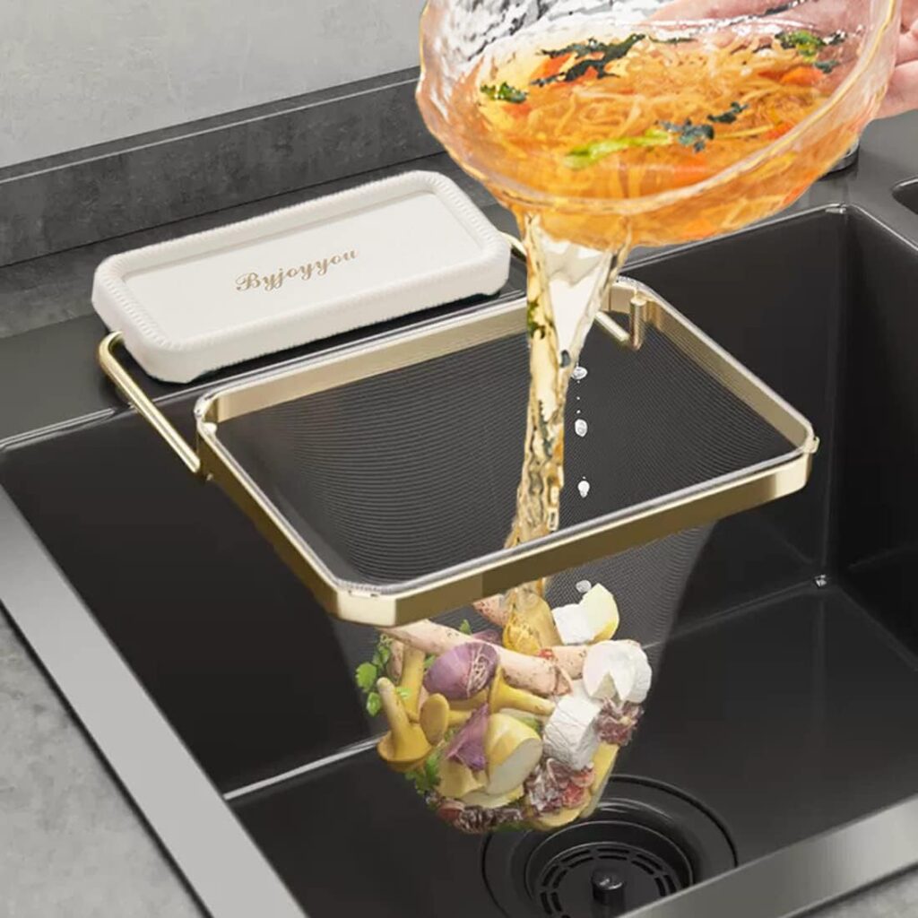 Foldable kitchen sink filter basket | 100 disposable mesh bags | Food waste disposal gadget (white)