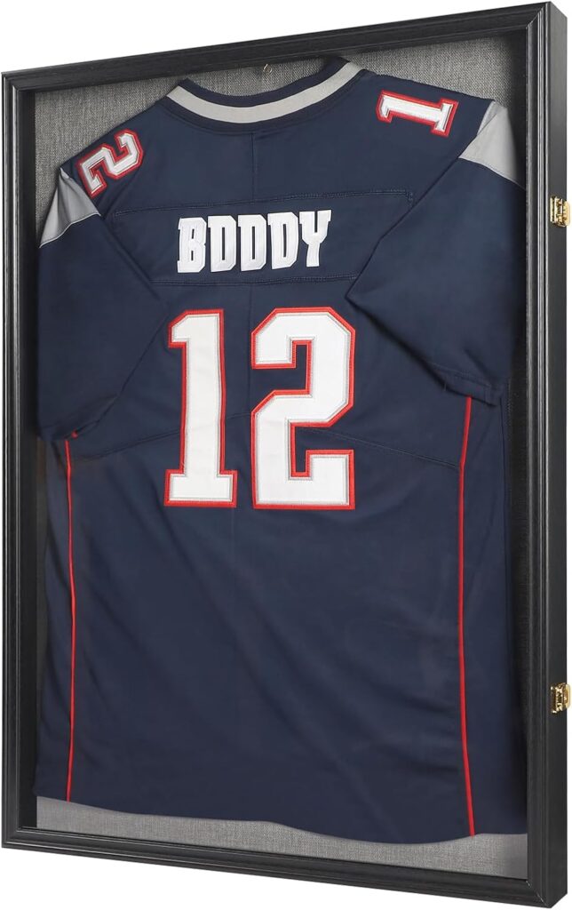 IHEIPYE Large Jersey Frame Display Case Lockable, Sport Jersey Shadow Box with 98% UV Protection Acrylic and Hanger for Baseball Basketball Football Soccer Hockey Sport Shirt and Uniform, Linen Black