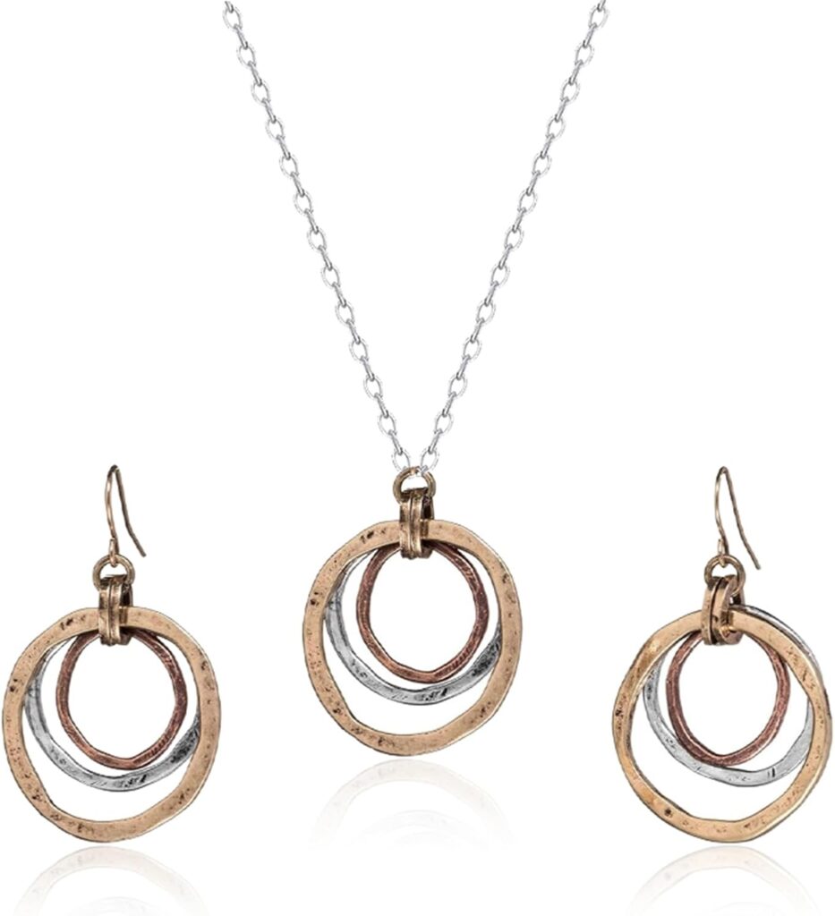 Tricolor Boho Circle Earrings and Necklace Set for Women Handmade Copper Burnished Dangle Earrings Sunrise Circles Necklace Antique Ethnic Style Jewelry Set
